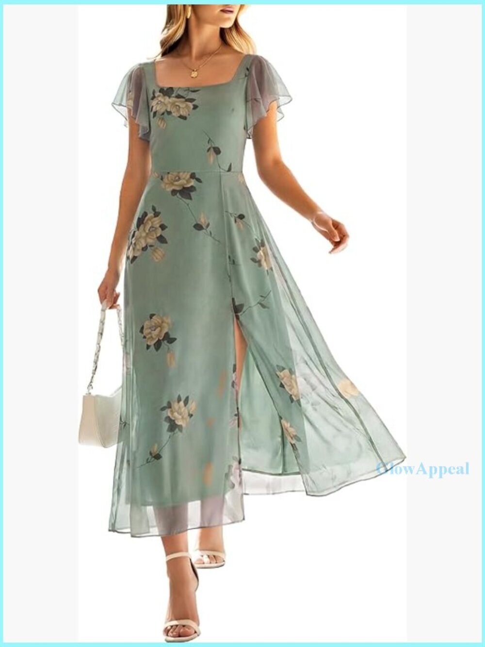 Floral Tulle Midi Dress with Ruffle Sleeves Square Neck Formal Wedding Guest